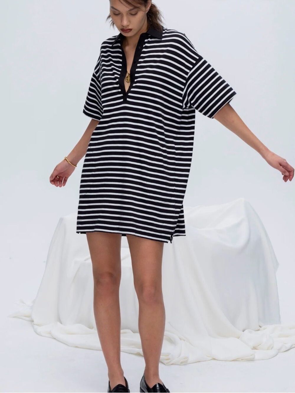 NEW ATM Anthony Thomas Melillo Stripe Short Sleeve Polo Dress SZ S Black White